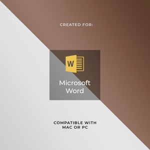 May include: A brown and gray graphic with the Microsoft Word logo and the text "Microsoft Word" in white. The text "CREATED FOR:" appears above the logo and the text "COMPATIBLE WITH MAC OR PC" appears below the logo.