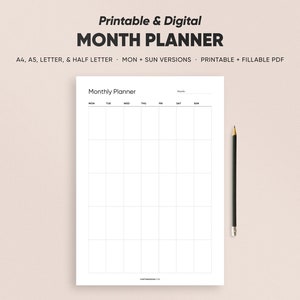 Plantilla de página mensual imprimible en formatos A4/A5/Carta/Medio tamaño, Planificador digital, Organizador del mes de páginas de planificación de impresión, Estilo minimalista