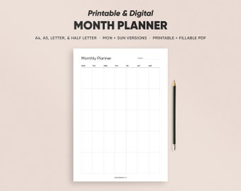 Druckbare monatliche Seite Vorlage in A4/A5/Letter/Half Size Formate, Digitaler Planer, Druck Planungs Seiten Monats Organisator, Minimalistischer Stil