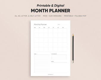 Monatlicher Kalender zum Ausdrucken, Monatlicher Kalender, Monatliche Agenda auf einer Seite, Monat auf einen Blick, druckbar & ausfüllbar, A4/A5/Letter/Half Size