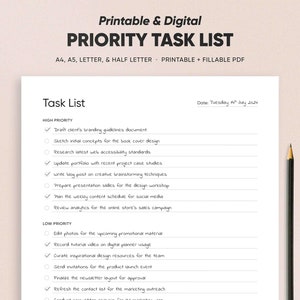 May include: A printable priority task list with checkboxes for high and low priority tasks. The list is dated Tuesday, July 4, 2024.