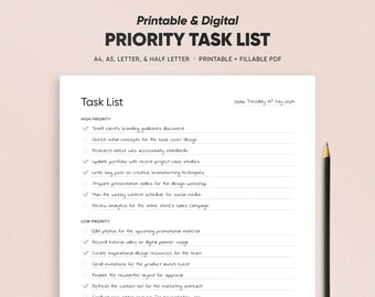 Priorität To Do Liste, Produktivität Aufgabe Vorlage Digital Download, Goodnotes Fillable PDF A4/A5/US Letter/halbe Größe, Tägliche Wochenagenda Arbeit