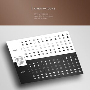 May include: A black and white image showing over 70 icons. The icons are arranged in two rows, with the top row showing black icons on a white background and the bottom row showing white icons on a black background. The text "Over 70 Icons" is at the top of the image, and the text "Black" and "White" are to the left of the icons.