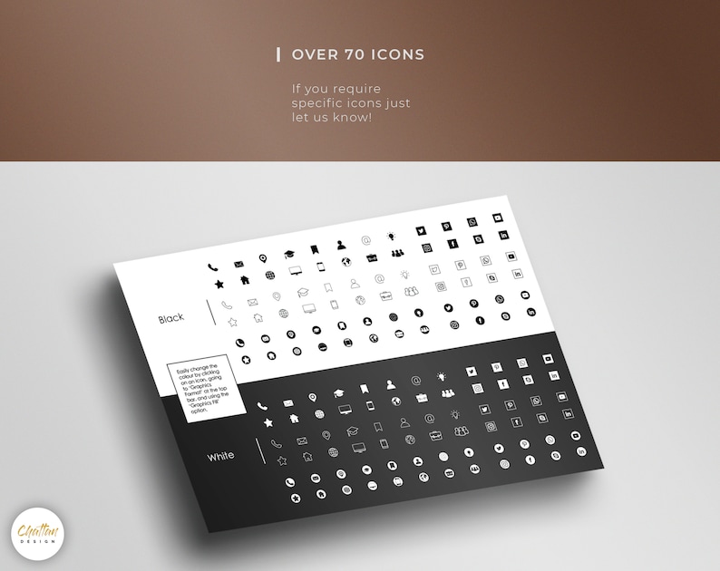 May include: A black and white image showing over 70 icons. The icons are arranged in two rows, with the top row showing black icons on a white background and the bottom row showing white icons on a black background. The text "Over 70 Icons" is at the top of the image, and the text "Black" and "White" are to the left of the icons.