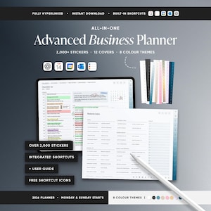 May include: A digital Advanced Business Planner, featuring over 2,000 stickers, 12 covers, and 8 colour themes. The image displays a tablet and a document with a stylus, showcasing integrated shortcuts and a user guide.