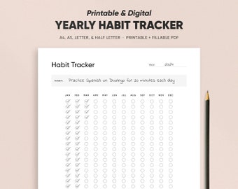 Jährlicher Habit Tracker PDF, Jährlicher Zielplaner, Routinelogbuch, A4/A5/Letter/Half, druckbare und ausfüllbare Seitenvorlage, Sofort Download