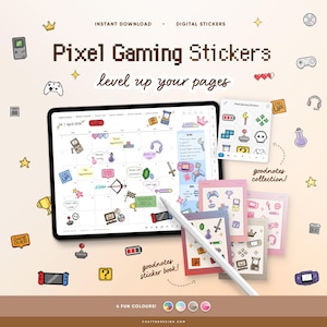 May include: Digital pixel gaming stickers with a variety of icons, including game controllers, crowns, and hearts. The stickers are displayed on a tablet, with additional sticker sheets in pink, purple, and gray. The text reads "Pixel Gaming Stickers" and "level up your pages."