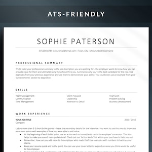 Może przedstawiać: Szablon CV z tytułem "ATS-Friendly" i nazwiskiem "Sophie Paterson" u góry. Szablon zawiera sekcje poświęcone podsumowaniu zawodowemu, umiejętnościom i doświadczeniu zawodowemu. Szablon zawiera wskazówki dotyczące pisania CV zgodnego z ATS.