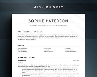 May include: A resume template with the title "ATS-Friendly" and the name "Sophie Paterson" at the top. The template includes sections for a professional summary, skills, and work experience. The template provides tips for writing a resume that is ATS-friendly.