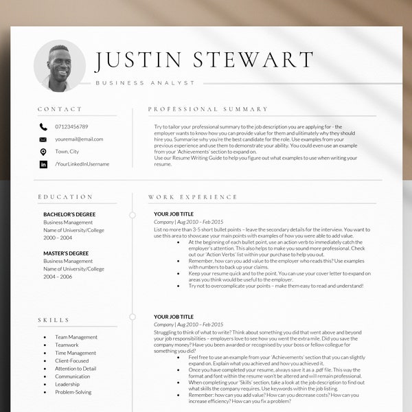 Resume & Cover Letter Template with Photo, Cv Template 1 and 2 Pages For Ms Word and Apple Mac Pages, Modern and Executive Resume Template