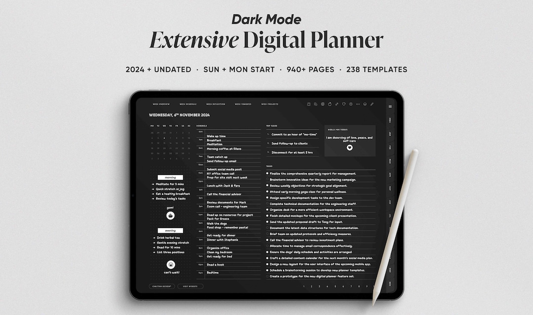 Dark Mode 2024 Undated Blackout Digital Planner, Goodnotes Planner