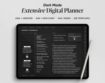 Dark Mode 2024 + Undated Blackout Digital Planner, Goodnotes Planner, Notability Planner, iPad Daily Journal Digital Planner, Dated Calendar