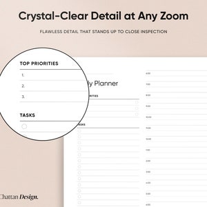 May include: A black and white printable daily planner with sections for top priorities and tasks. The planner has a time scale from 6:00 AM to 6:00 PM.