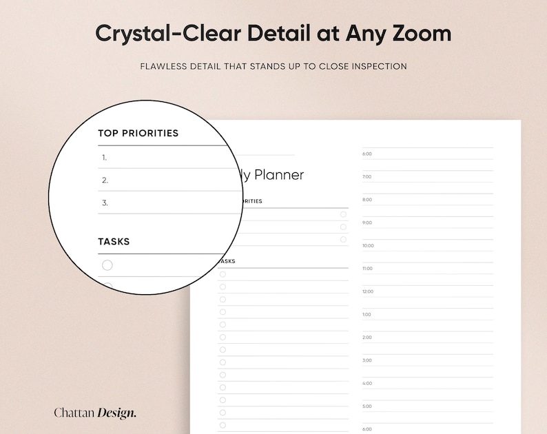 May include: A black and white printable daily planner with sections for top priorities and tasks. The planner has a time scale from 6:00 AM to 6:00 PM.
