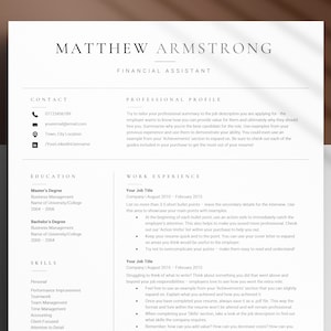 May include: A black and white resume template with the name Matthew Armstrong and the title Financial Assistant. The resume includes contact information, education, skills, and work experience.