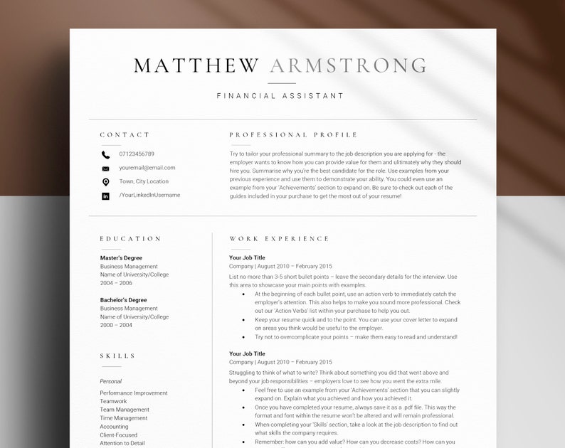 May include: A black and white resume template with the name Matthew Armstrong and the title Financial Assistant. The resume includes contact information, education, skills, and work experience.