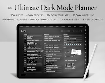 UNDATED Digital Planner in Dark Mode For Goodnotes & Notability, Digital Planner Stickers for iPad Daily Planning, Black Goodnotes Planner