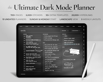 Planificateur numérique non daté en mode sombre pour les bonnes notes et la notabilité, autocollants de planificateur numérique pour la planification quotidienne de l'iPad, planificateur noir Goodnotes