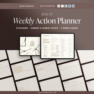 May include: A digital weekly action planner for 2026-27, featuring 8 colors, Monday and Sunday starts, and 2 weekly pages. The image shows a tablet displaying the planner's layout, along with other pages. The planner includes built-in shortcuts and is an instant download.