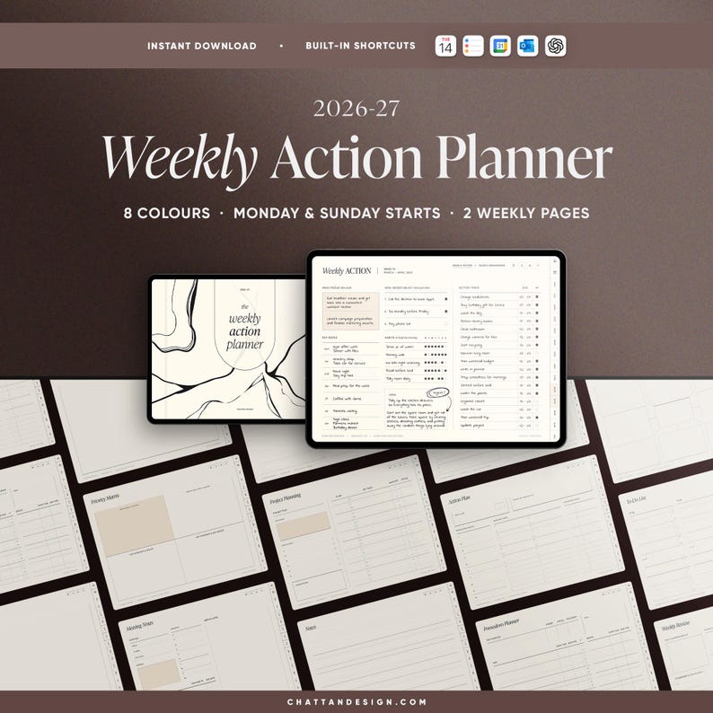 May include: A digital weekly action planner for 2026-27, featuring 8 colors, Monday and Sunday starts, and 2 weekly pages. The image shows a tablet displaying the planner's layout, along with other pages. The planner includes built-in shortcuts and is an instant download.