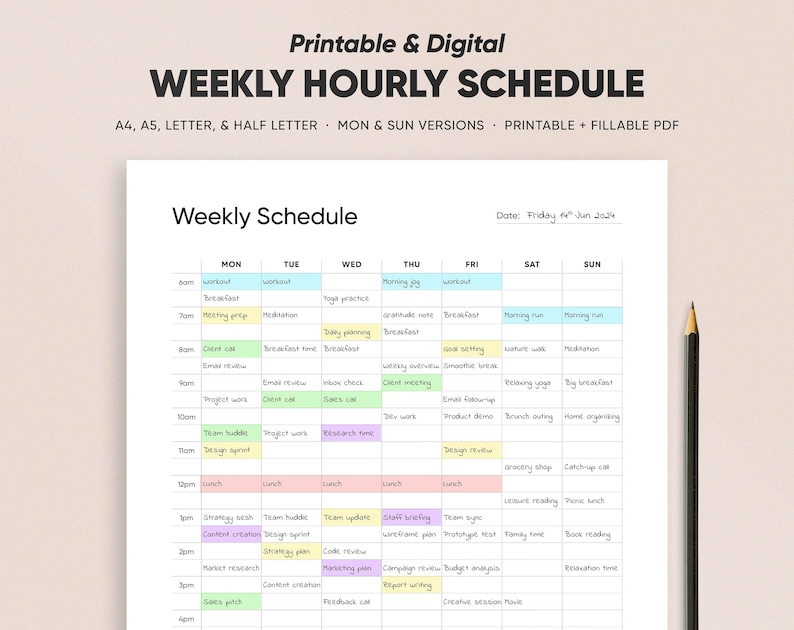 Weekly Hourly Schedule Printable Template, PDF Fillable Page, Daily ...