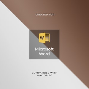 May include: A brown and gray square with the Microsoft Word logo and the text "Microsoft Word" in white. The text "CREATED FOR:" is above the logo and the text "COMPATIBLE WITH MAC OR PC" is below the logo.