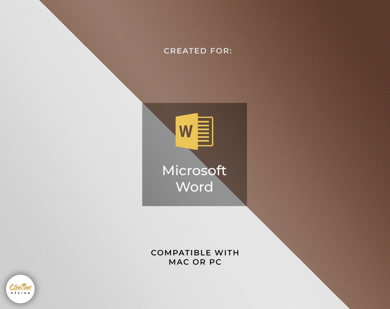 May include: A brown and gray square with the Microsoft Word logo and the text "Microsoft Word" in white. The text "CREATED FOR:" is above the logo and the text "COMPATIBLE WITH MAC OR PC" is below the logo.