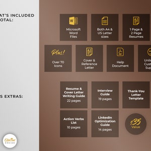 May include: A brown and gold graphic with the text "What's Included in Total:" and "Plus Extras:"  The graphic lists the features included in a resume template package.  The features include Microsoft Word files, both A4 and US letter sizes, 1 page and 2 page resumes, over 70 icons, a cover and reference letter, a help document, unlimited customer support, a resume and cover letter writing guide, an interview guide, a thank-you letter template, an action verbs list, a LinkedIn optimization guide, and a $35 value.
