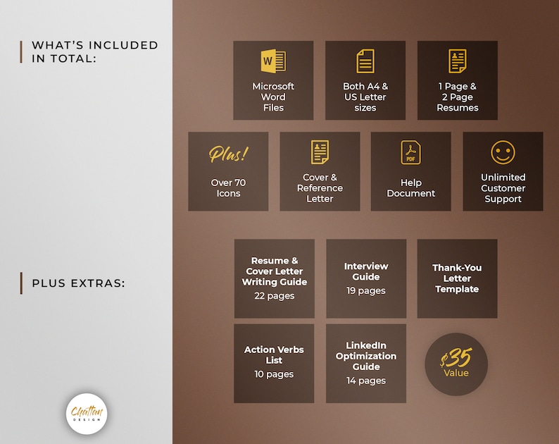 May include: A brown and gold graphic with the text "What's Included in Total:" and "Plus Extras:"  The graphic lists the features included in a resume template package.  The features include Microsoft Word files, both A4 and US letter sizes, 1 page and 2 page resumes, over 70 icons, a cover and reference letter, a help document, unlimited customer support, a resume and cover letter writing guide, an interview guide, a thank-you letter template, an action verbs list, a LinkedIn optimization guide, and a $35 value.