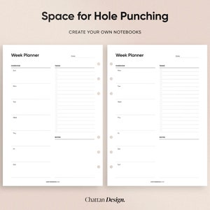 May include: Two blank weekly planner pages with space for hole punching. The pages are divided into sections for overview, tasks, and notes. The text "Week Planner" is at the top of each page.