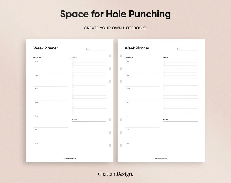 May include: Two blank weekly planner pages with space for hole punching. The pages are divided into sections for overview, tasks, and notes. The text "Week Planner" is at the top of each page.