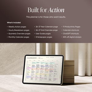 May include: A digital planner displayed on a tablet, showcasing a detailed hourly breakdown. The image includes text: "Built for Action" and "What's Included," listing features like weekly action pages and calendar shortcuts. The planner is designed for those seeking results.