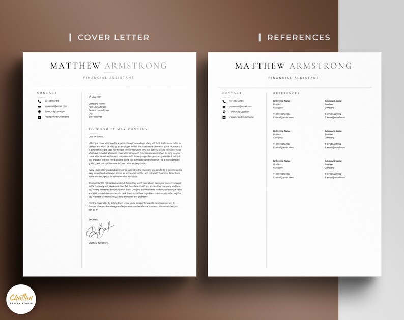 May include: A black and white resume template with a cover letter and references section. The cover letter is addressed to "To Whom It May Concern" and includes a signature. The references section lists contact information for three references.