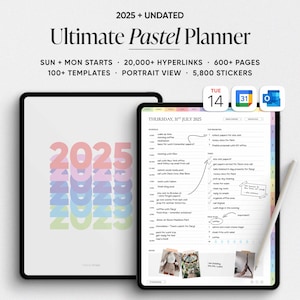 Pastel Digital Planner for Goodnotes & Notability, iPad Daily Weekly Monthly Planner, Minimalist 2025 Digital Planner in Portrait View