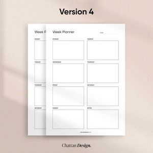 May include: A black and white printable weekly planner with the text "Week Planner" at the top. The planner is divided into seven days of the week, with space for notes.