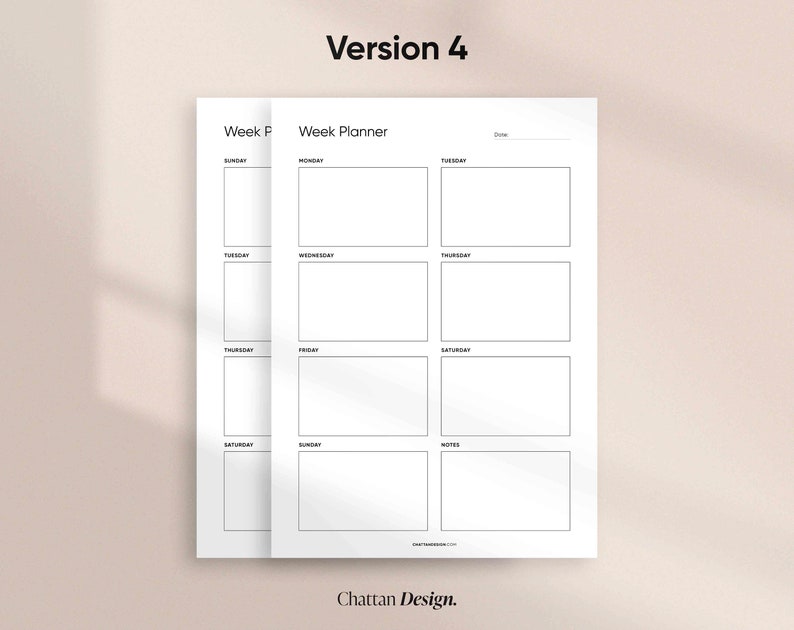 May include: A black and white printable weekly planner with the text "Week Planner" at the top. The planner is divided into seven days of the week, with space for notes.