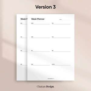 May include: A black and white weekly planner with the text "Week Planner" at the top. The planner is divided into seven columns for each day of the week, with the days of the week labeled at the top of each column. There is a space for notes at the bottom of the planner.