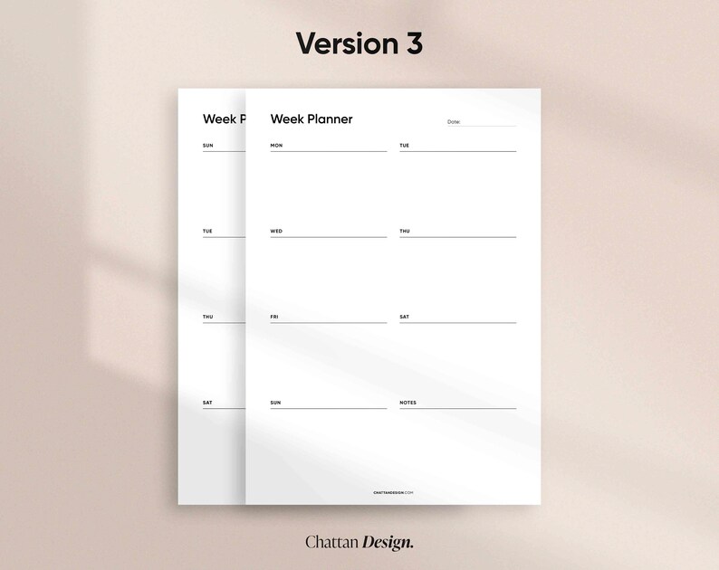 May include: A black and white weekly planner with the text "Week Planner" at the top. The planner is divided into seven columns for each day of the week, with the days of the week labeled at the top of each column. There is a space for notes at the bottom of the planner.