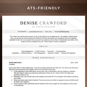 May include: A resume template with the title "ATS-Friendly" and the heading "Denise Crawford, HR Administrator". The template includes sections for skills, work experience, and a job title. The text encourages users to tailor their resume to the job description and use action verbs to highlight their skills and experience.