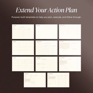 May include: A collection of digital planning templates with the text "Extend Your Action Plan." The templates are displayed on a dark brown background and include sections for action plans, checklists, and project planning. The templates are designed to help users plan, execute, and follow through.