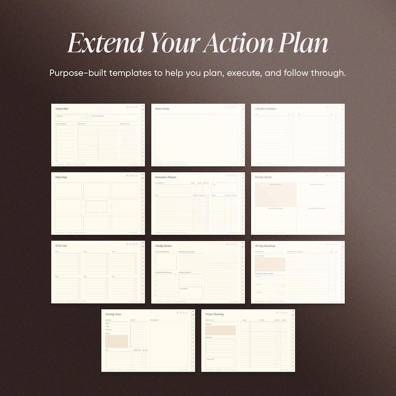 May include: A collection of digital planning templates with the text "Extend Your Action Plan." The templates are displayed on a dark brown background and include sections for action plans, checklists, and project planning. The templates are designed to help users plan, execute, and follow through.