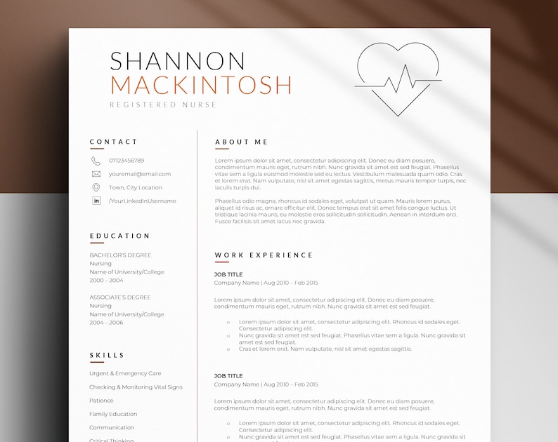 May include: A resume for Shannon Mackintosh, a registered nurse. The resume includes contact information, education, work experience, and skills. The resume is formatted with a heart icon and a line representing a heartbeat.