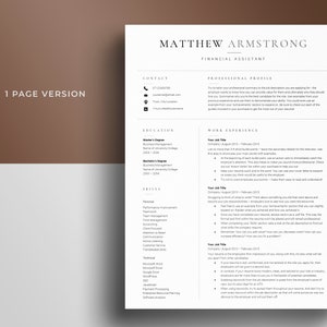 May include: A black and white resume template with the name Matthew Armstrong and the title Financial Assistant. The resume includes contact information, education, work experience, and skills.