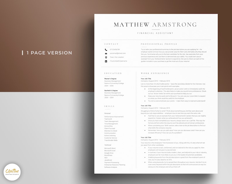 May include: A black and white resume template with the name Matthew Armstrong and the title Financial Assistant. The resume includes contact information, education, work experience, and skills.