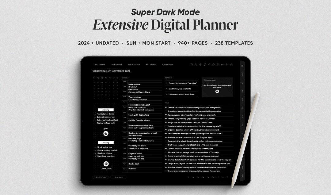 Super dark mode digital planner 2024 undated goodnotes journal ipad