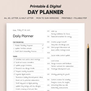 May include: A printable daily planner with a checklist of tasks and priorities for the day. The planner includes a section for top priorities, tasks, and a time-based schedule from 6:00 AM to 5:00 PM. The date is Friday, January 2024.
