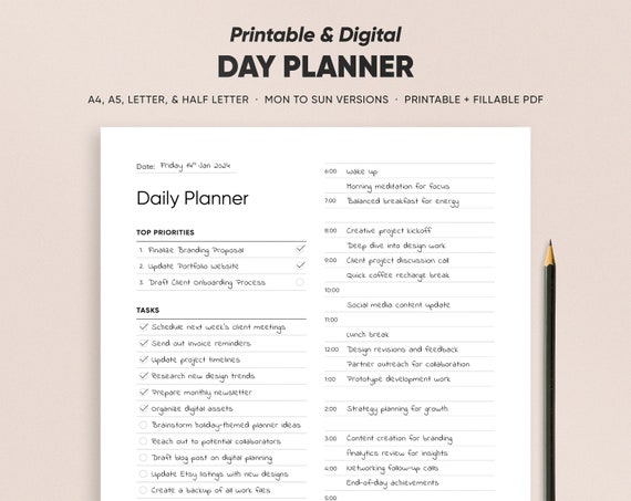 Daily Printable Planner Page Template, High Quality Print Day Planning Page in A4, A5, US Letter, Half Size Formats Fillable & Printable PDF