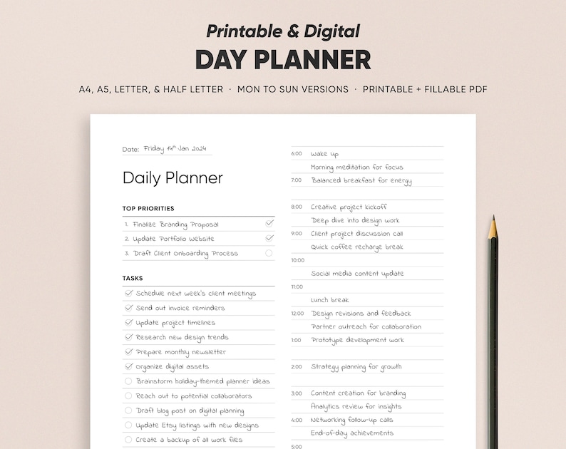 May include: A printable daily planner with a checklist of tasks and priorities for the day. The planner includes a section for top priorities, tasks, and a time-based schedule from 6:00 AM to 5:00 PM. The date is Friday, January 2024.