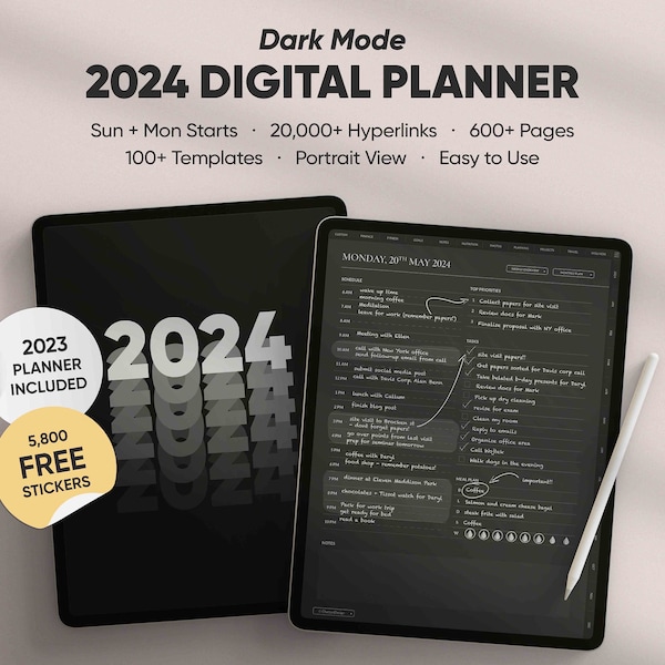 Ultimate 2024 Portrait View Digital Planner in Dark Mode for iPad Planning Black Style, Dated Monthly PDF Journal for Goodnotes, Notability
