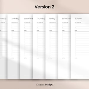 May include: A weekly planner with a black and white design. The planner is divided into seven columns, one for each day of the week. Each column has a section for top priorities, tasks, and notes.
